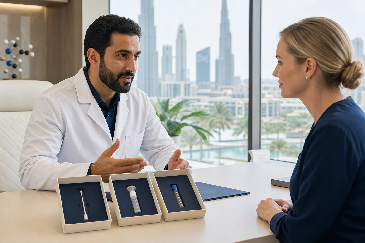 Doctor explaining cheek-swab, saliva and blood sample pathways