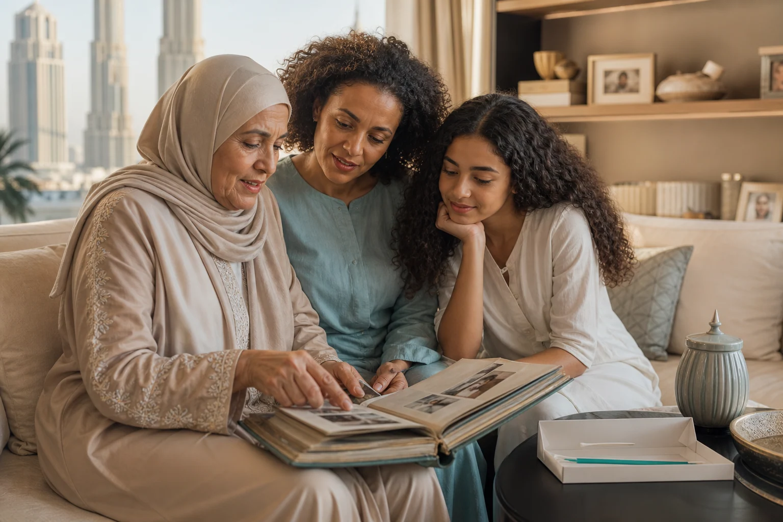 Three generations reviewing a family photo album beside a sealed DNA kit