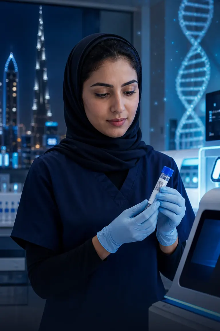 Laboratory scientist beside an abstract DNA helix and the Dubai skyline