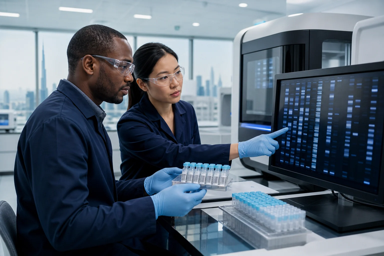 Two laboratory scientists reviewing a DNA analysis display