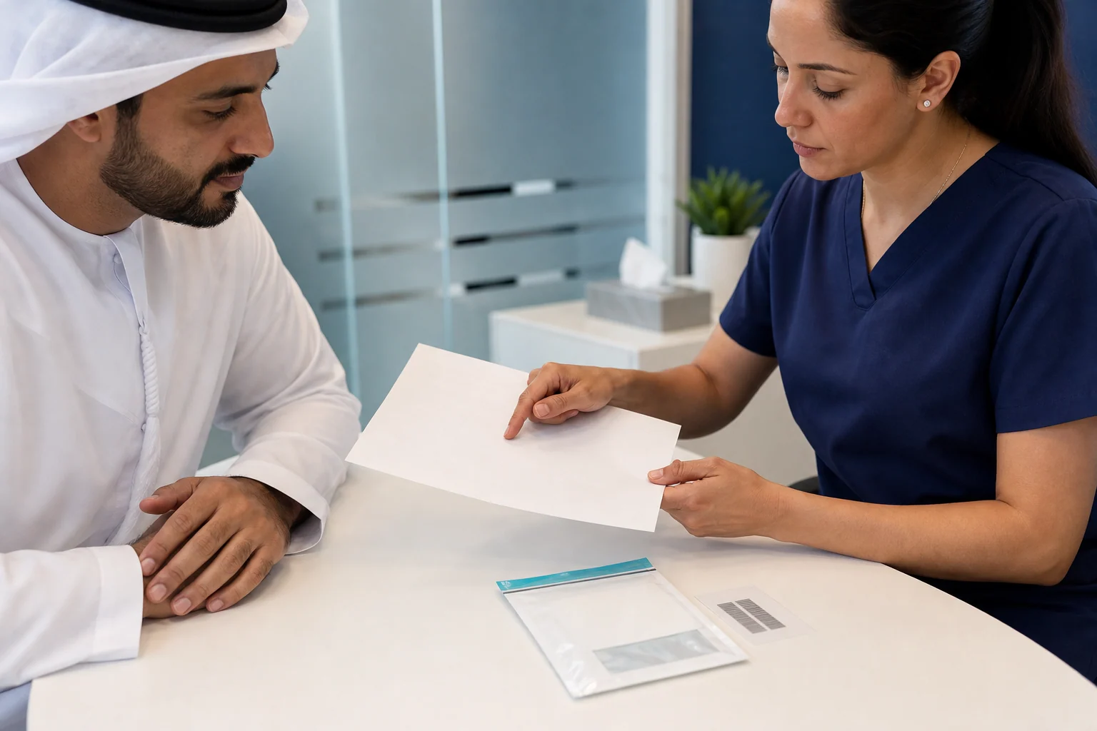 Coordinator reviewing consent and sample-handling information before DNA testing