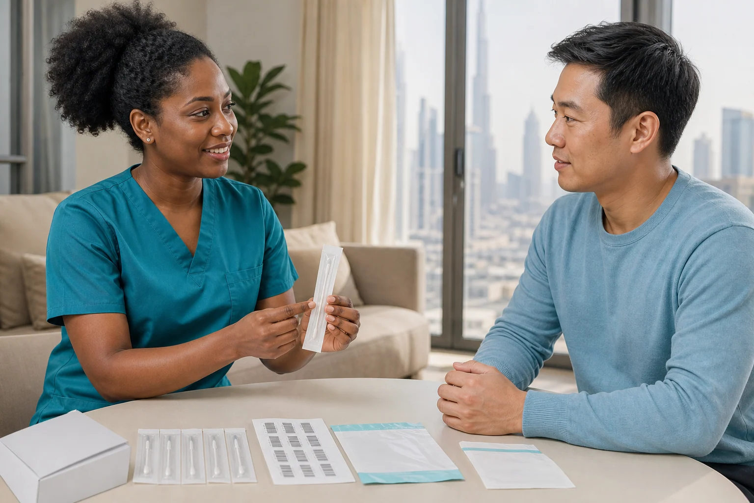 Nurse demonstrating a sealed cheek-swab collection kit during a home visit