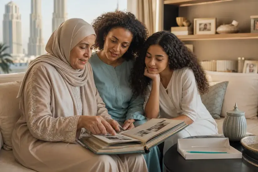 ثلاثة أجيال تتصفح ألبوم صور عائلياً